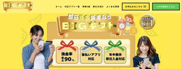 【ビックギフト-BIGギフト- クレジットカード現金化】換金率や入金スピード、利用者口コミなどの最新情報を紹介します